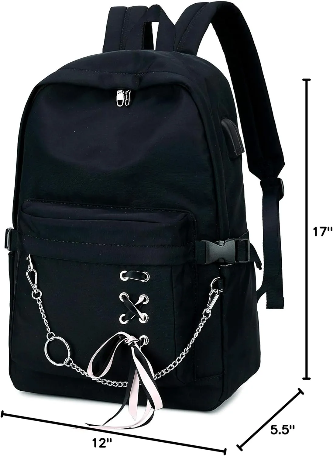 Classic Backpack for Women Stylish School Backpack for Teen Girl Black with Chain