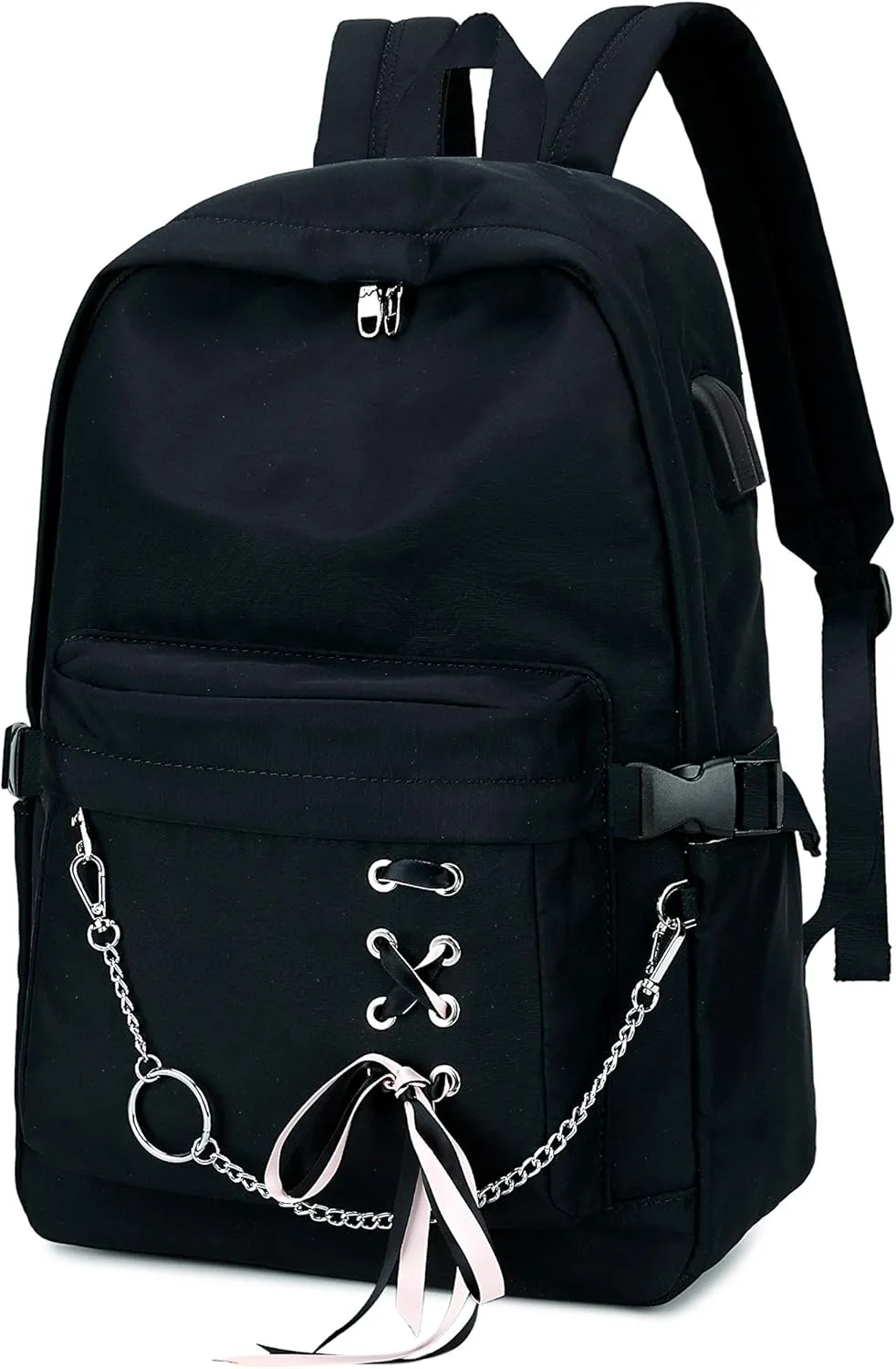 Classic Backpack for Women Stylish School Backpack for Teen Girl Black with Chain