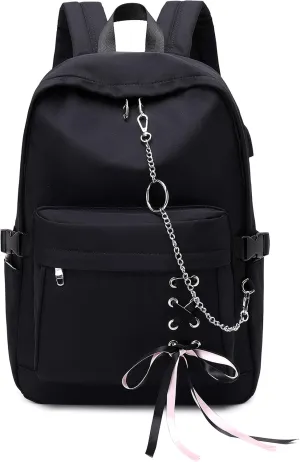 Classic Backpack for Women Stylish School Backpack for Teen Girl Black with Chain
