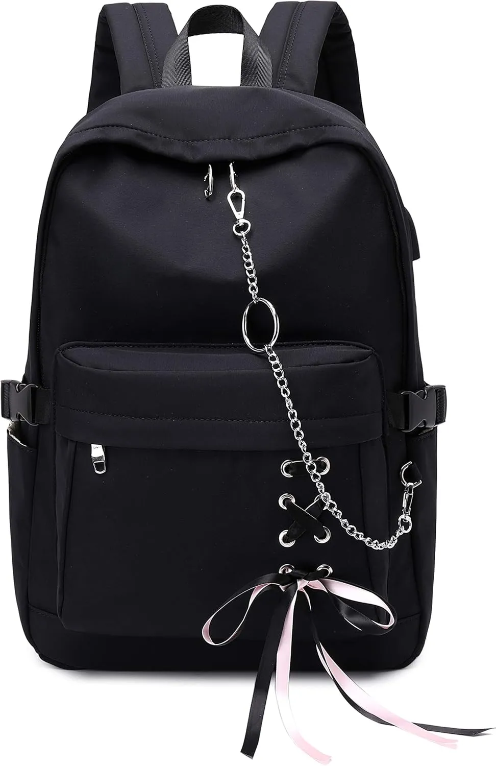 Classic Backpack for Women Stylish School Backpack for Teen Girl Black with Chain