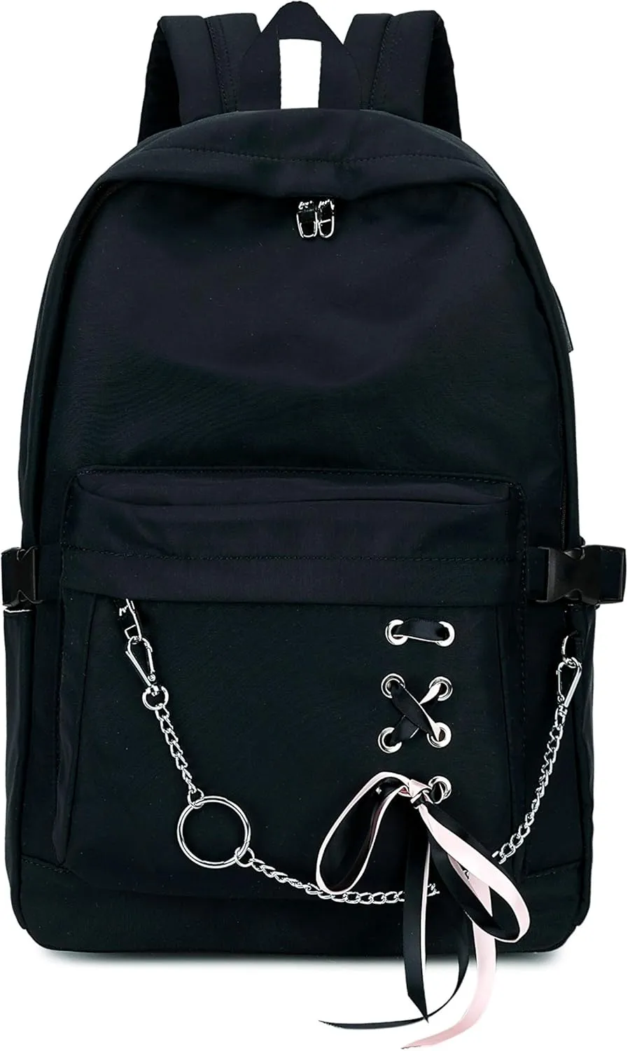 Classic Backpack for Women Stylish School Backpack for Teen Girl Black with Chain