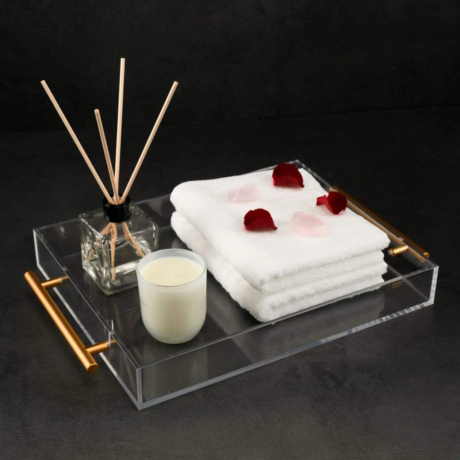 Clear Acrylic Lucite Serving Tray with Metal Handles,No Need to Assemble,11x14 Inch,Decorative Storage Organizer with Spill-Proof Design,Serving for Coffee,Breakfast,Dinner and More