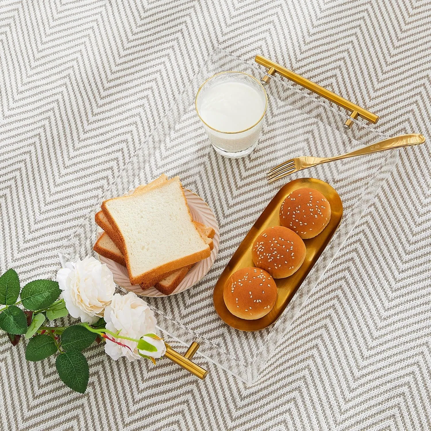 Clear Acrylic Lucite Serving Tray with Metal Handles,No Need to Assemble,11x14 Inch,Decorative Storage Organizer with Spill-Proof Design,Serving for Coffee,Breakfast,Dinner and More