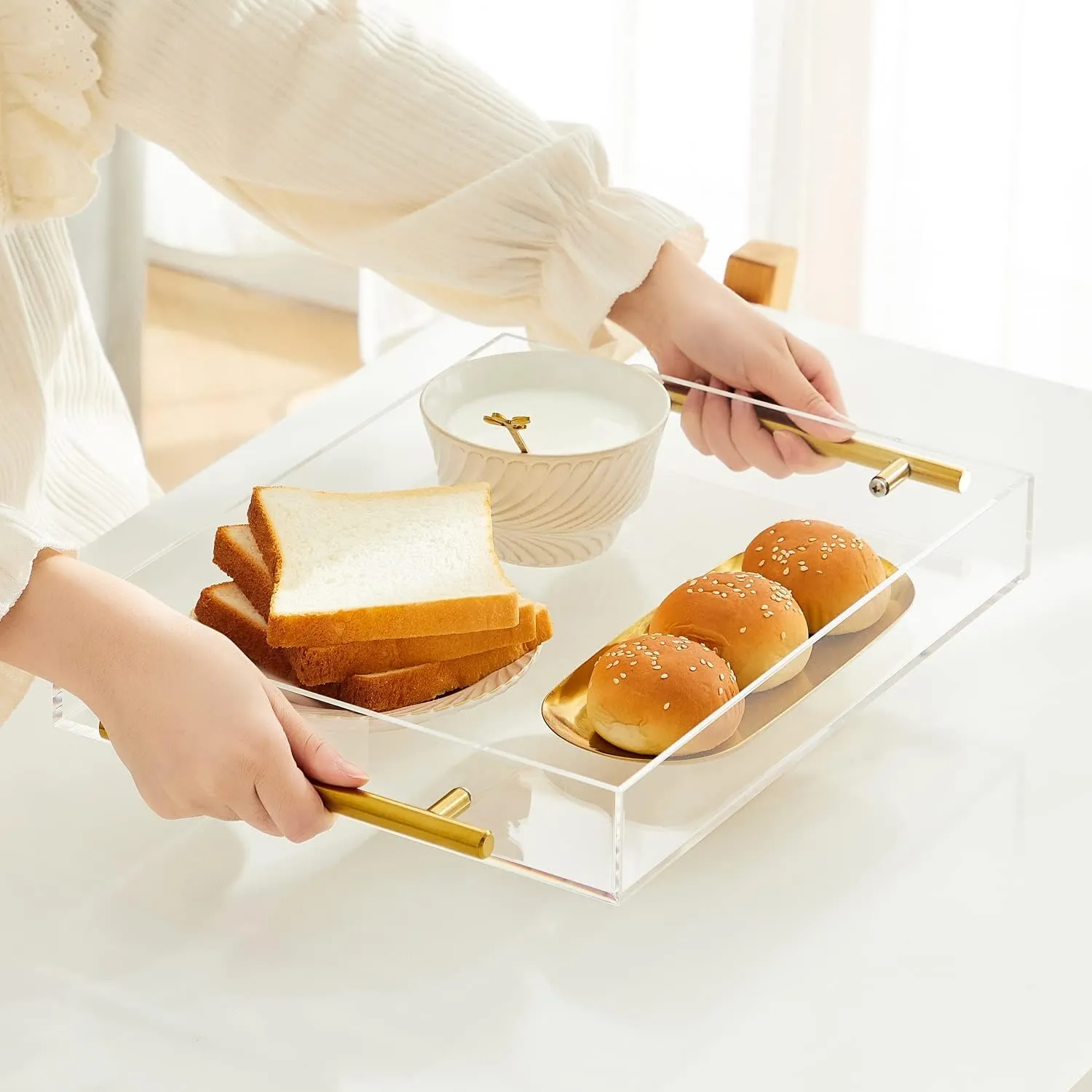 Clear Acrylic Lucite Serving Tray with Metal Handles,No Need to Assemble,11x14 Inch,Decorative Storage Organizer with Spill-Proof Design,Serving for Coffee,Breakfast,Dinner and More
