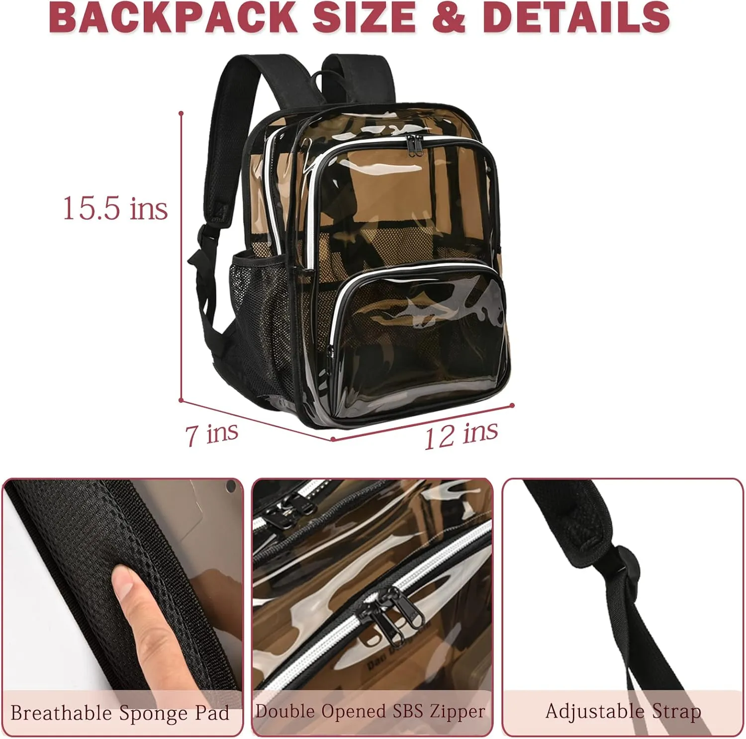 Clear Backpack, 15'' Clear Backpacks for School Heavy Duty See Through Bookbag Amber 0.6mm PVC Backpack for Men Women