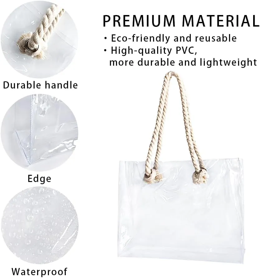 Clear Plastic Tote Bag with Rope Handles, Unisex Stadium Bag for Concerts, Festivals, Work