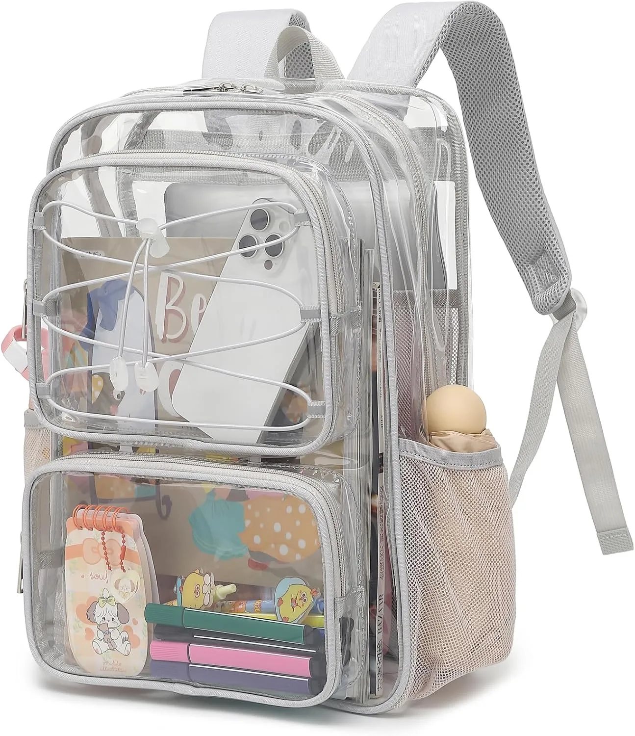 Clear School Backpack for Girls Women, Kids Teens Heavy Duty See Through College Bookbag Transparent School Bag (Grey)