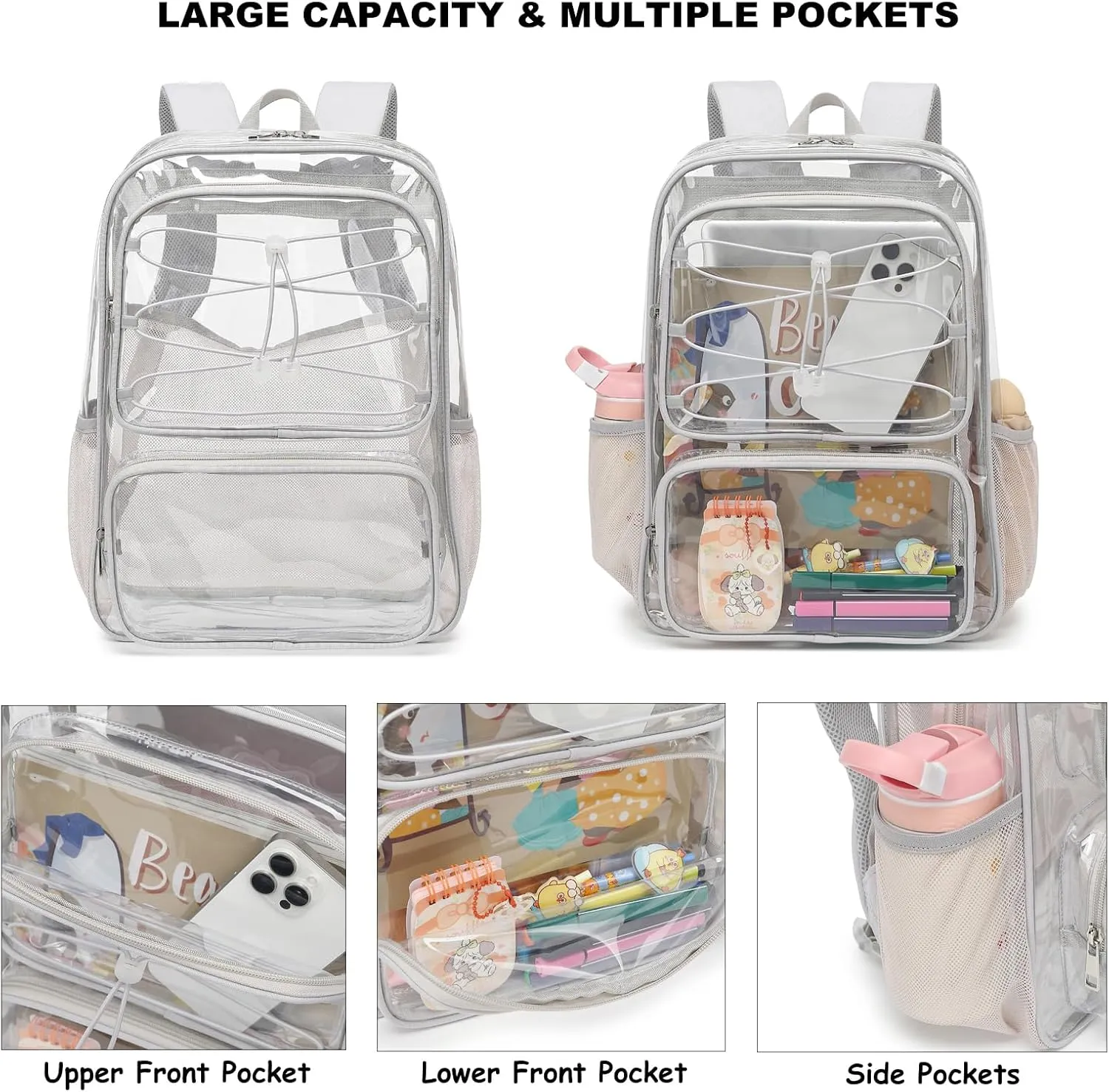 Clear School Backpack for Girls Women, Kids Teens Heavy Duty See Through College Bookbag Transparent School Bag (Grey)
