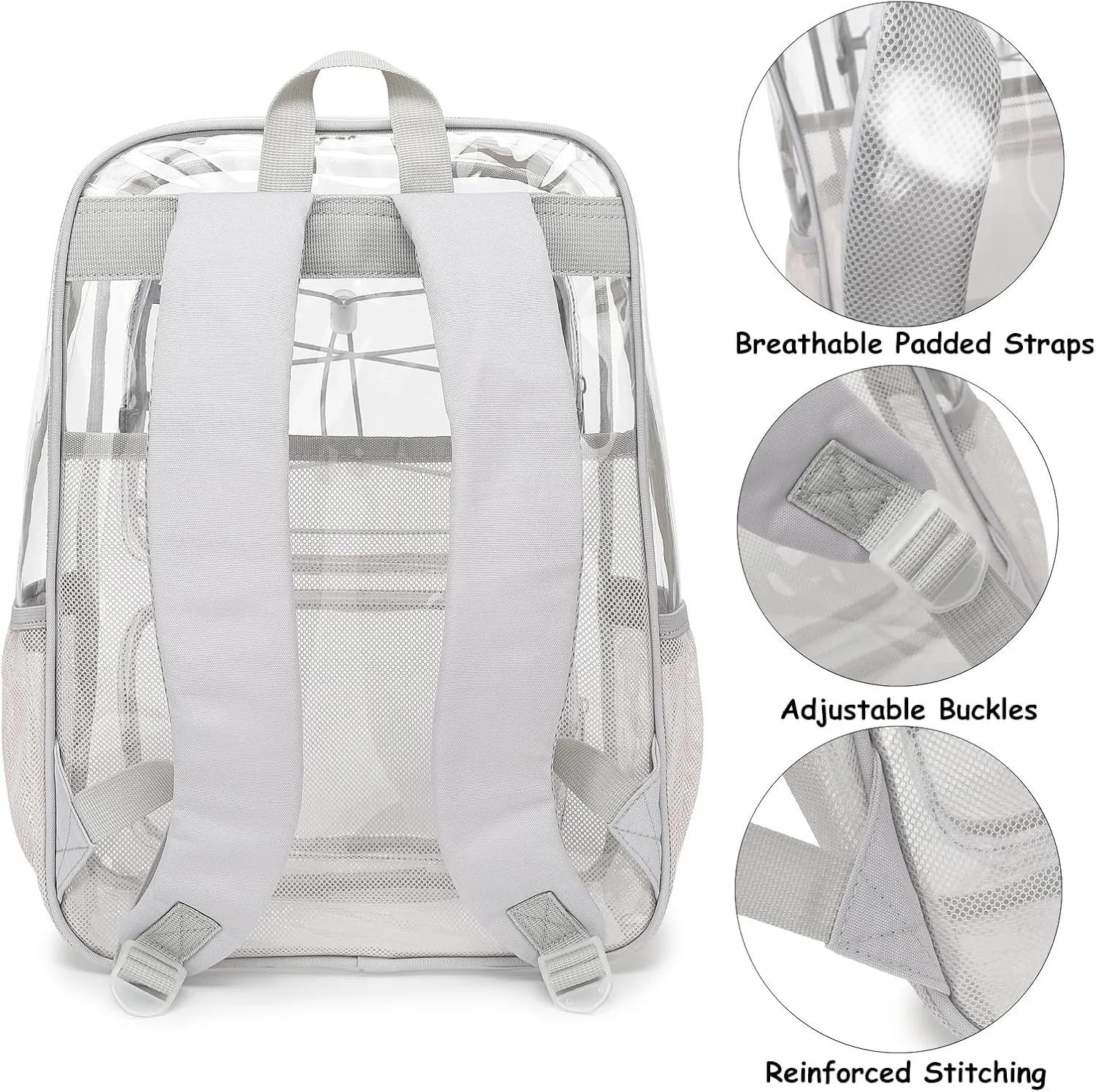 Clear School Backpack for Girls Women, Kids Teens Heavy Duty See Through College Bookbag Transparent School Bag (Grey)