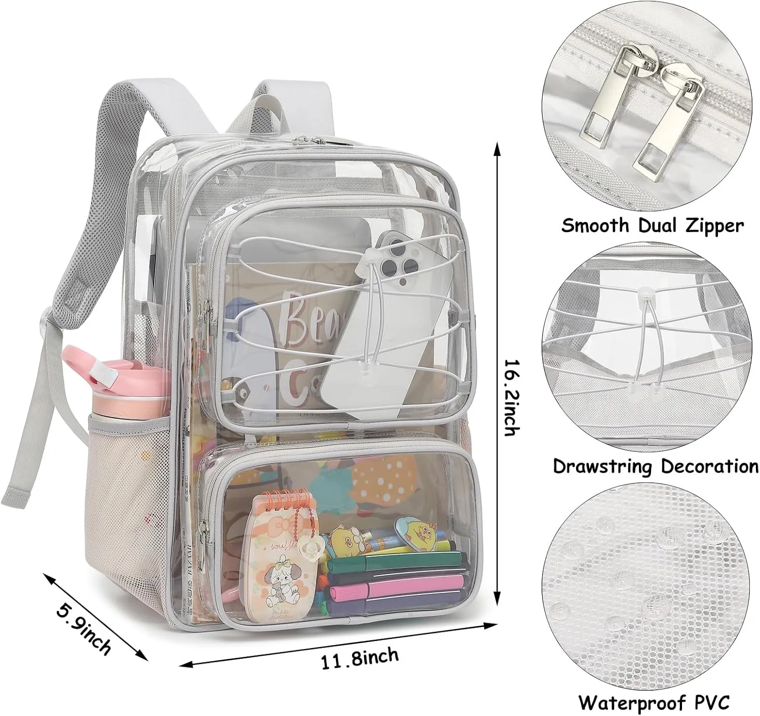 Clear School Backpack for Girls Women, Kids Teens Heavy Duty See Through College Bookbag Transparent School Bag (Grey)