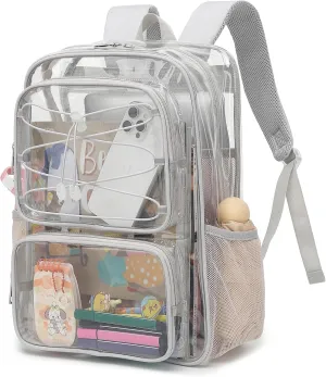 Clear School Backpack for Girls Women, Kids Teens Heavy Duty See Through College Bookbag Transparent School Bag (Grey)