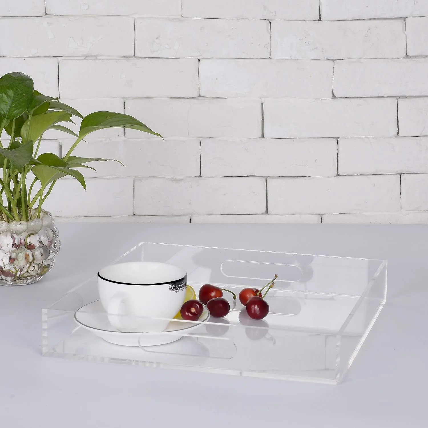 Clear Sturdy Acrylic Serving Tray with Handles-12x12Inch-Serving Coffee,Appetizer,Breakfast,Butler-Kitchen Countertop Tray-Makeup Drawer Organizer-Vanity Table Tray-Ottoman Tray-Decorative Tray