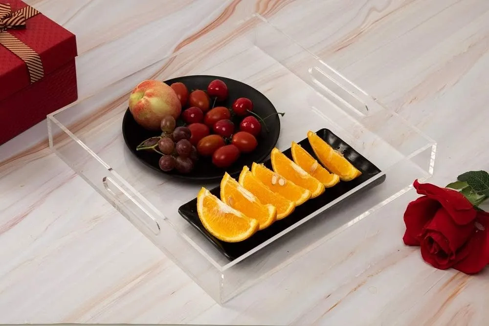 Clear Sturdy Acrylic Serving Tray with Handles-12x12Inch-Serving Coffee,Appetizer,Breakfast,Butler-Kitchen Countertop Tray-Makeup Drawer Organizer-Vanity Table Tray-Ottoman Tray-Decorative Tray