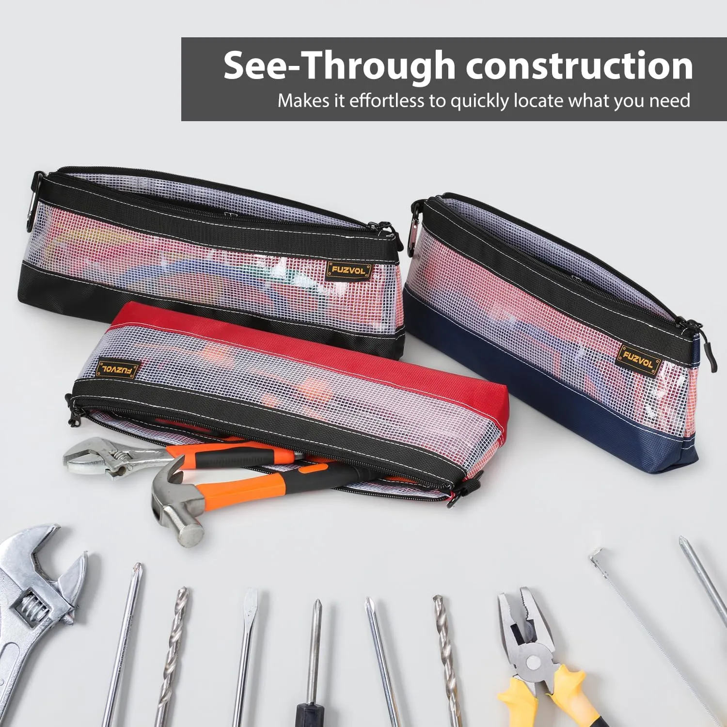 Clear Tool Pouch, 14" Long Tool Bag, Small Zipper Pouch, See Through Tool Pouch Bag for Tool Box Organizers and Storage, Heavy Duty Tool Bag for Men and Women, 3 Pack