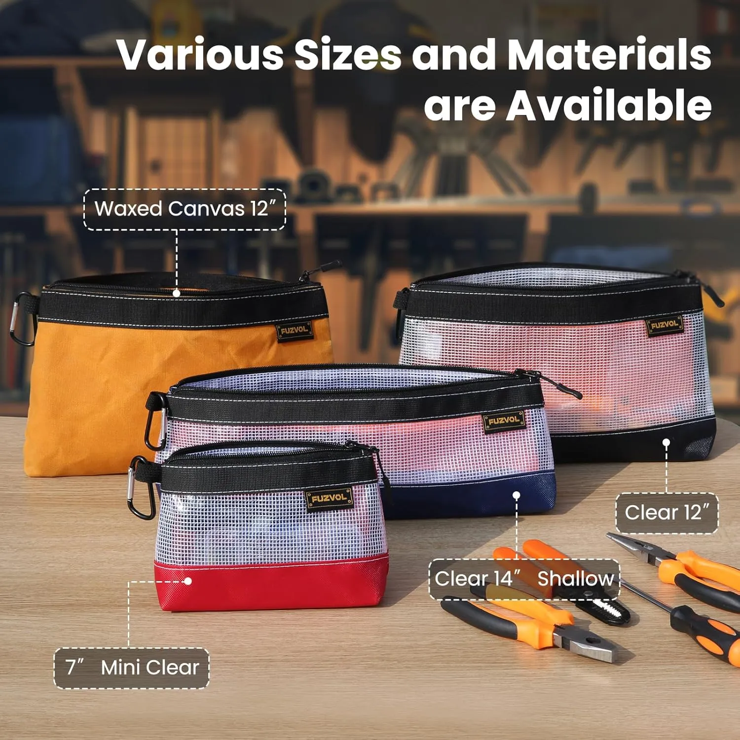 Clear Tool Pouch, 14" Long Tool Bag, Small Zipper Pouch, See Through Tool Pouch Bag for Tool Box Organizers and Storage, Heavy Duty Tool Bag for Men and Women, 3 Pack