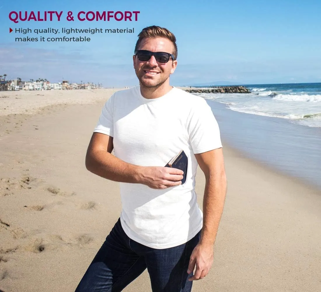 Clever Travel Companion Crew Neck Men's Tee Shirt - Pickpocket Proof Cotton Sublimation Tees with 2 Secret Hidden Pocket
