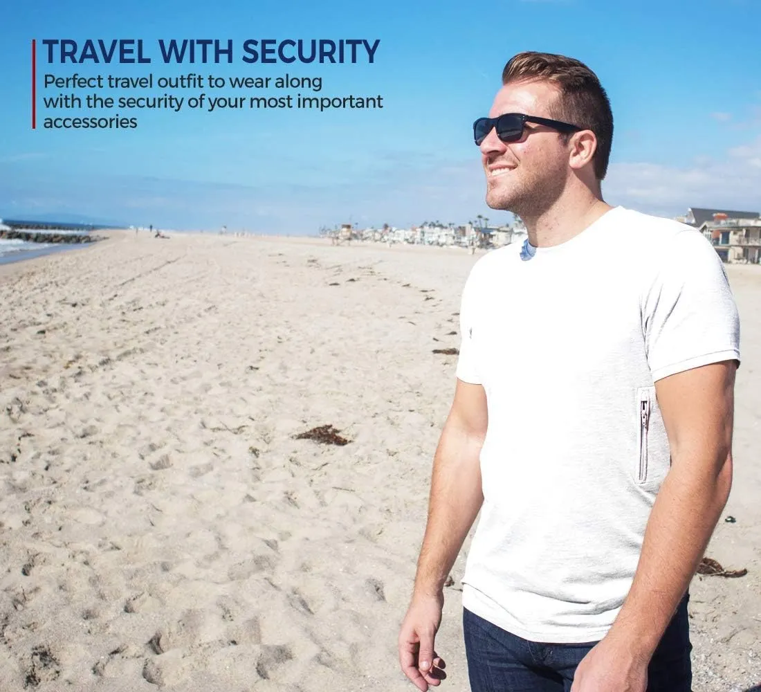 Clever Travel Companion Crew Neck Men's Tee Shirt - Pickpocket Proof Cotton Sublimation Tees with 2 Secret Hidden Pocket