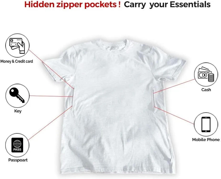 Clever Travel Companion Crew Neck Men's Tee Shirt - Pickpocket Proof Cotton Sublimation Tees with 2 Secret Hidden Pocket
