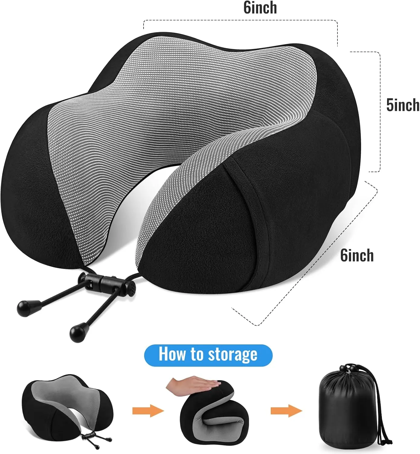 CloudBliss Travel Pillow Premium Memory Foam, Comfortable & Supportive Neck Pillow, Neck Pillows for Sleeping Travel, Airplane Pillow for Sleeping Airplane, Car, Office and Home（Black & Black）
