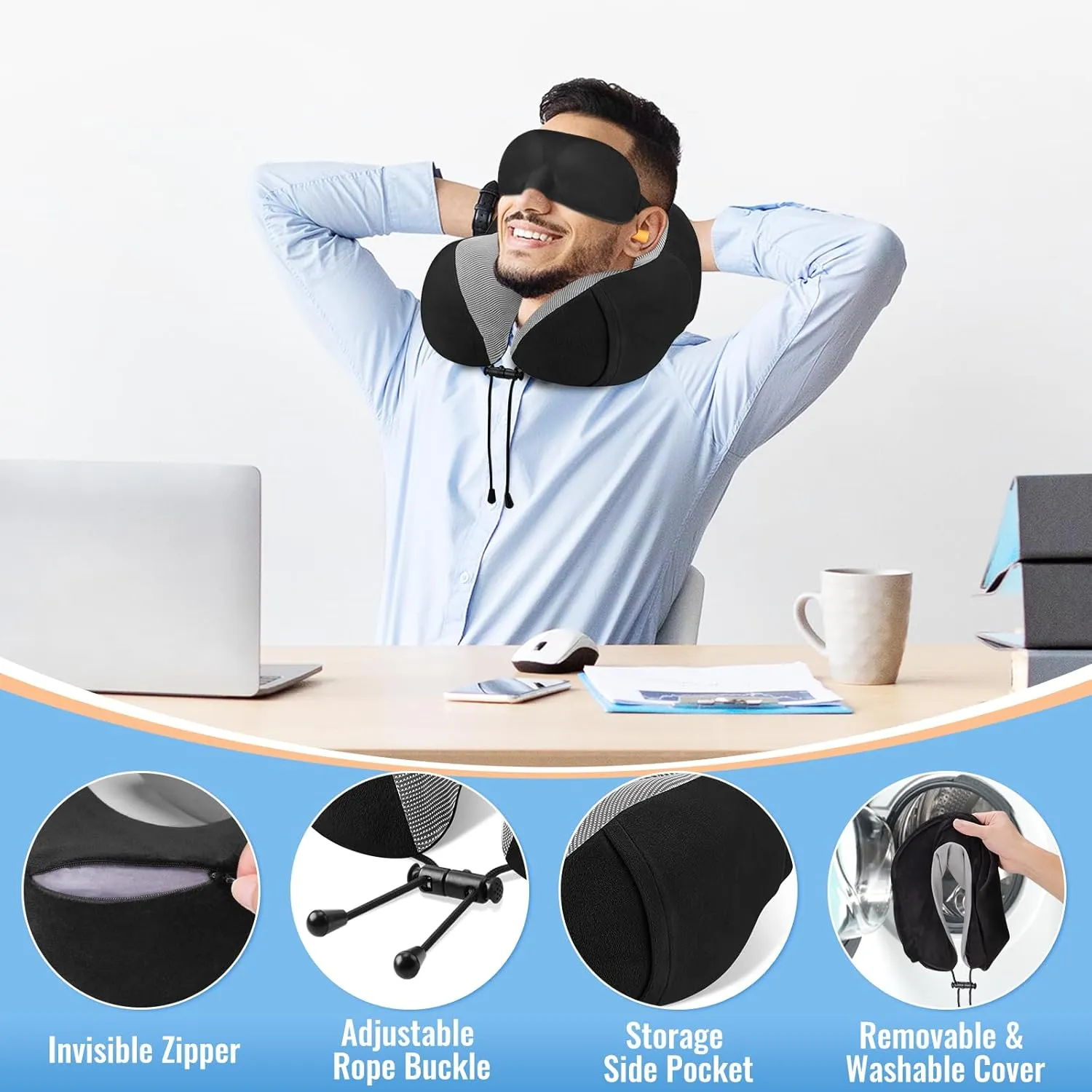 CloudBliss Travel Pillow Premium Memory Foam, Comfortable & Supportive Neck Pillow, Neck Pillows for Sleeping Travel, Airplane Pillow for Sleeping Airplane, Car, Office and Home（Black & Black）