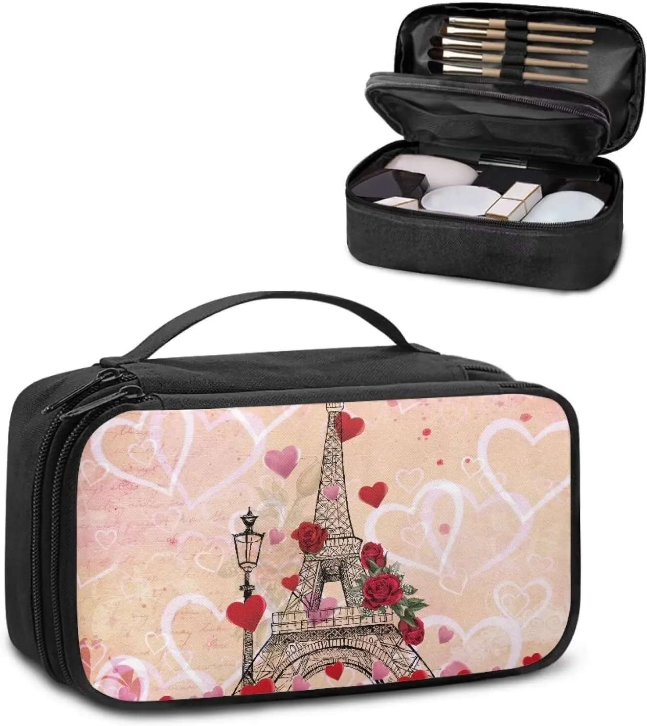 COEQINE Eiffel Tower Makeup Bag Organizer Travel Zipper Cosmetic Pouch With Handles Large Capacity Travel Makeup Case Organizer With Compartment for Gifts for Her Friend Sister