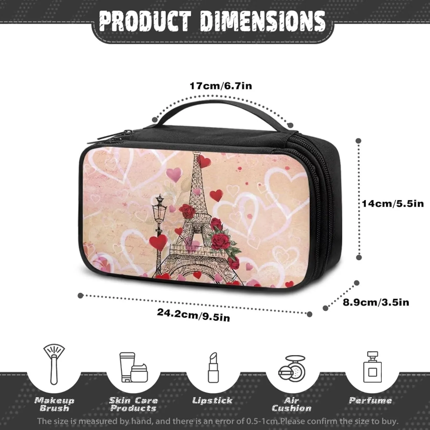 COEQINE Eiffel Tower Makeup Bag Organizer Travel Zipper Cosmetic Pouch With Handles Large Capacity Travel Makeup Case Organizer With Compartment for Gifts for Her Friend Sister