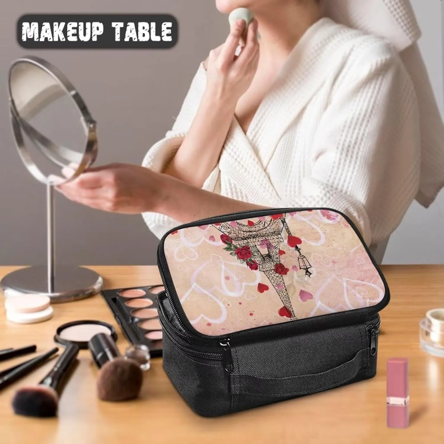COEQINE Eiffel Tower Makeup Bag Organizer Travel Zipper Cosmetic Pouch With Handles Large Capacity Travel Makeup Case Organizer With Compartment for Gifts for Her Friend Sister