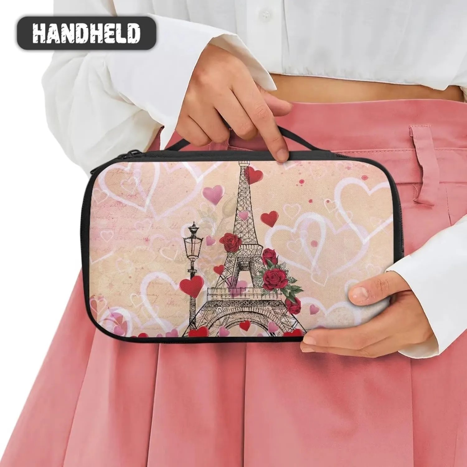 COEQINE Eiffel Tower Makeup Bag Organizer Travel Zipper Cosmetic Pouch With Handles Large Capacity Travel Makeup Case Organizer With Compartment for Gifts for Her Friend Sister