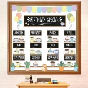Coffee Birthday Bulletin Board Set Birthday Special Classroom Decoration Coffee Cup Name Tags Birthdays Chart Calendars Paper Cutout for Back to School Chalkboard Wall Door Decor Teacher Supplies