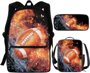 Coldinair American Football School Backpack for Boy Kids Gifts with Lunch Box,Water Fire School Bookbag Pencil Box Set for Primary Elementary School Satchel Laptop Bagpack Daypack