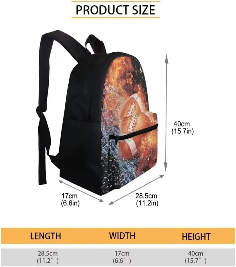 Coldinair American Football School Backpack for Boy Kids Gifts with Lunch Box,Water Fire School Bookbag Pencil Box Set for Primary Elementary School Satchel Laptop Bagpack Daypack