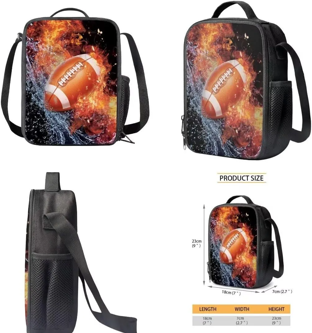 Coldinair American Football School Backpack for Boy Kids Gifts with Lunch Box,Water Fire School Bookbag Pencil Box Set for Primary Elementary School Satchel Laptop Bagpack Daypack