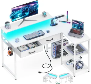 Coleshome 40 Inch L Shaped Gaming Desk with 2 Drawers & Storage Shelves, Computer Desk with USB Ports, Study Writing Table for Bedroom, Simple Modern Laptop Desk for Home Office, White