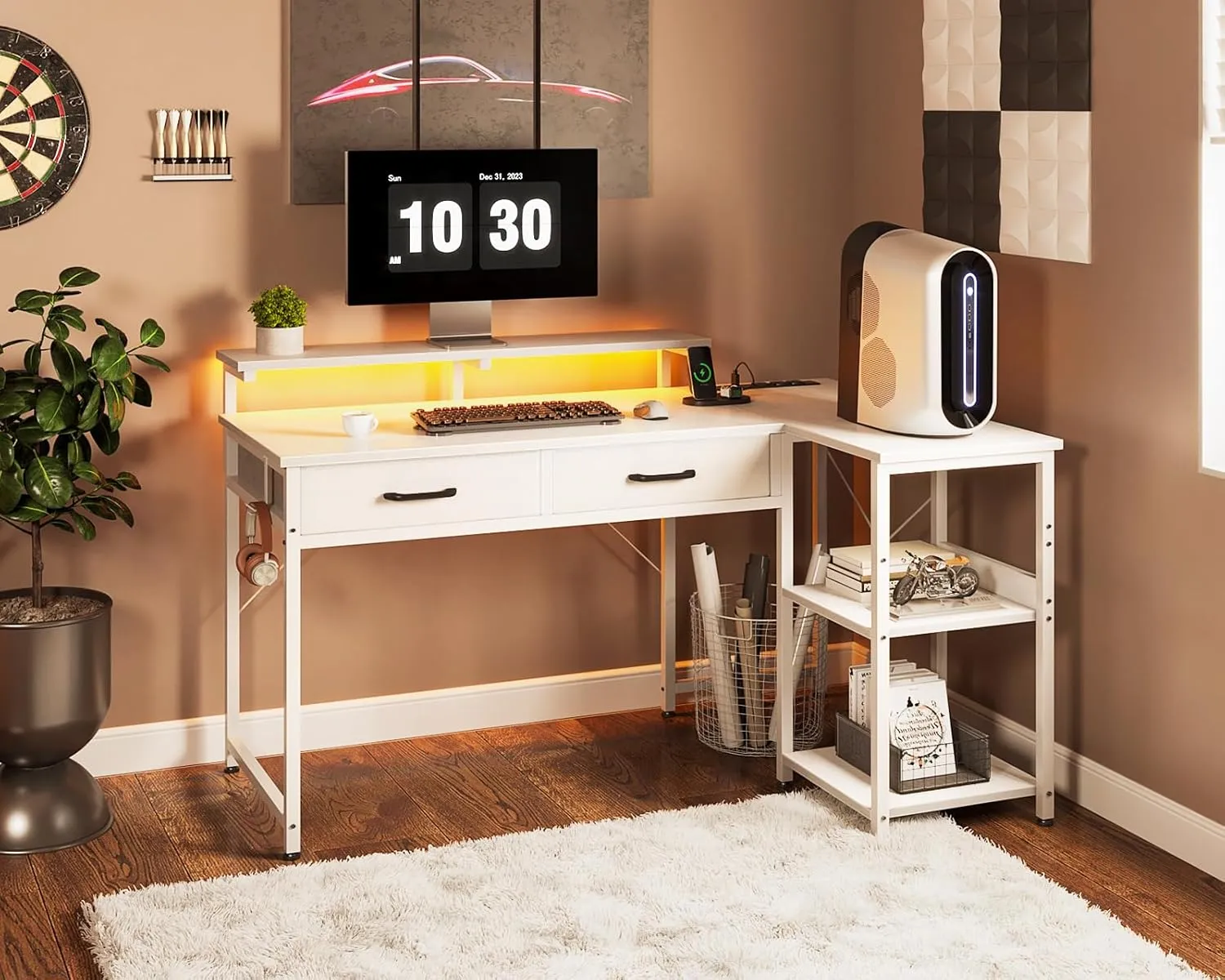 Coleshome 40 Inch L Shaped Gaming Desk with 2 Drawers & Storage Shelves, Computer Desk with USB Ports, Study Writing Table for Bedroom, Simple Modern Laptop Desk for Home Office, White