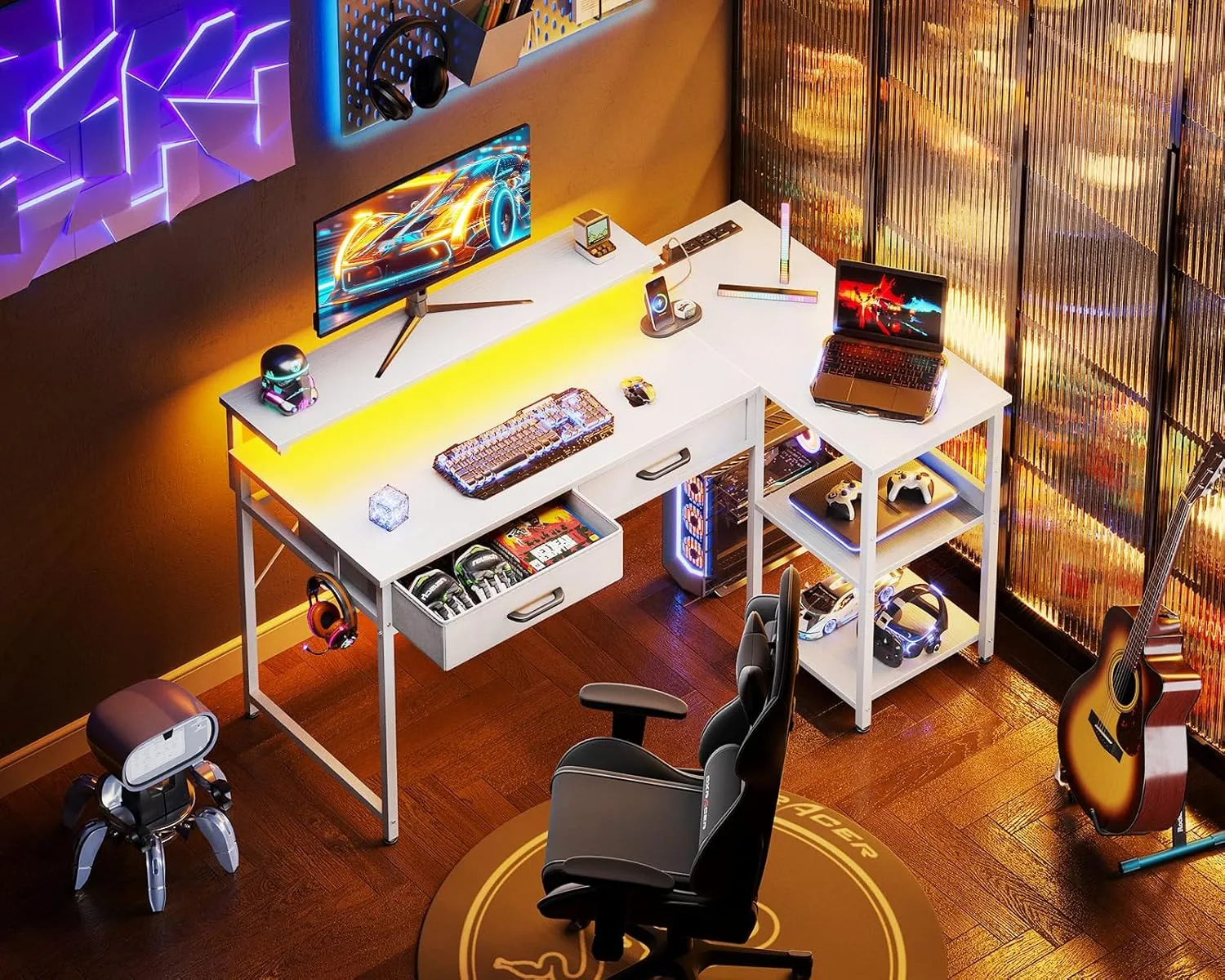 Coleshome 40 Inch L Shaped Gaming Desk with 2 Drawers & Storage Shelves, Computer Desk with USB Ports, Study Writing Table for Bedroom, Simple Modern Laptop Desk for Home Office, White