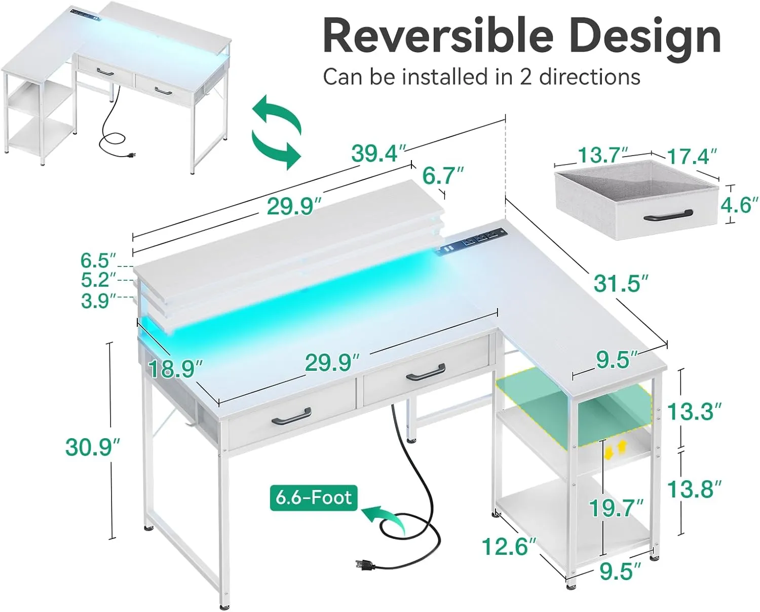 Coleshome 40 Inch L Shaped Gaming Desk with 2 Drawers & Storage Shelves, Computer Desk with USB Ports, Study Writing Table for Bedroom, Simple Modern Laptop Desk for Home Office, White