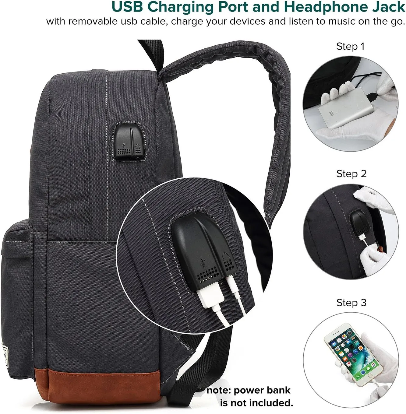 College Backpack, Water-resistent Laptop Backpack with USB Charging Port & Headphone Adapter for Men & Women Slim Anti-Theft Travel Bookbags Fits up to 14'' Computer 15'' Macbook - Gray