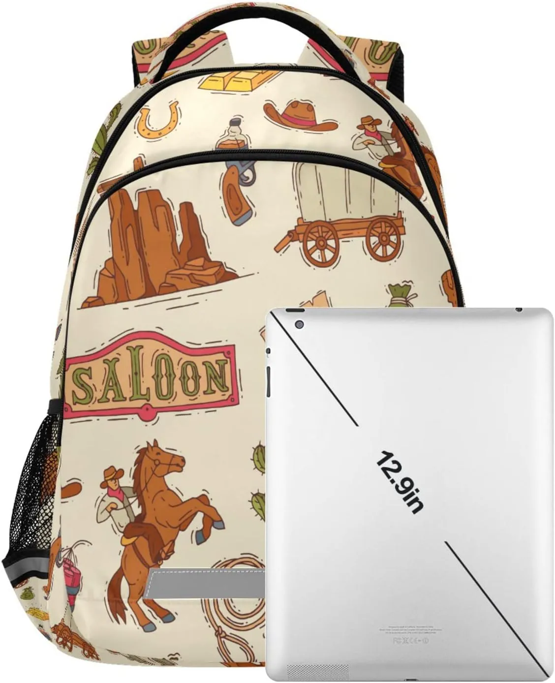 Coloful America Western Cowboy Backpack Laptop Bag Wildlife Lasso Cactus Gold Shoulder Bookbag Casual Travel Camping Daypack Safe Reflective Stripes Large Capacity