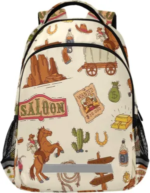 Coloful America Western Cowboy Backpack Laptop Bag Wildlife Lasso Cactus Gold Shoulder Bookbag Casual Travel Camping Daypack Safe Reflective Stripes Large Capacity