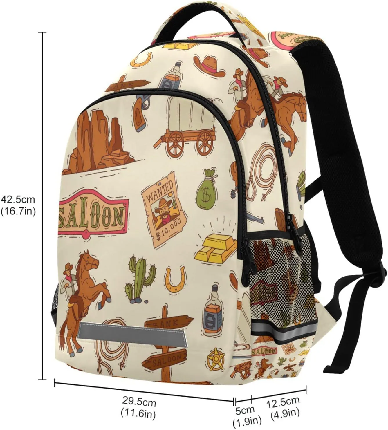 Coloful America Western Cowboy Backpack Laptop Bag Wildlife Lasso Cactus Gold Shoulder Bookbag Casual Travel Camping Daypack Safe Reflective Stripes Large Capacity