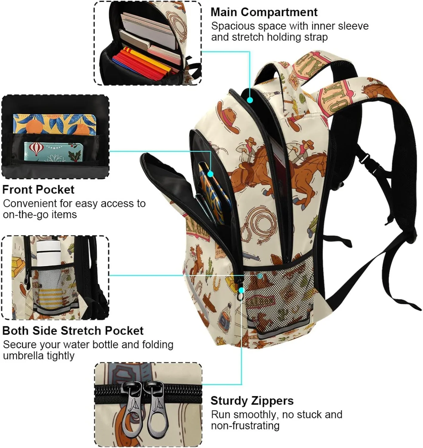 Coloful America Western Cowboy Backpack Laptop Bag Wildlife Lasso Cactus Gold Shoulder Bookbag Casual Travel Camping Daypack Safe Reflective Stripes Large Capacity