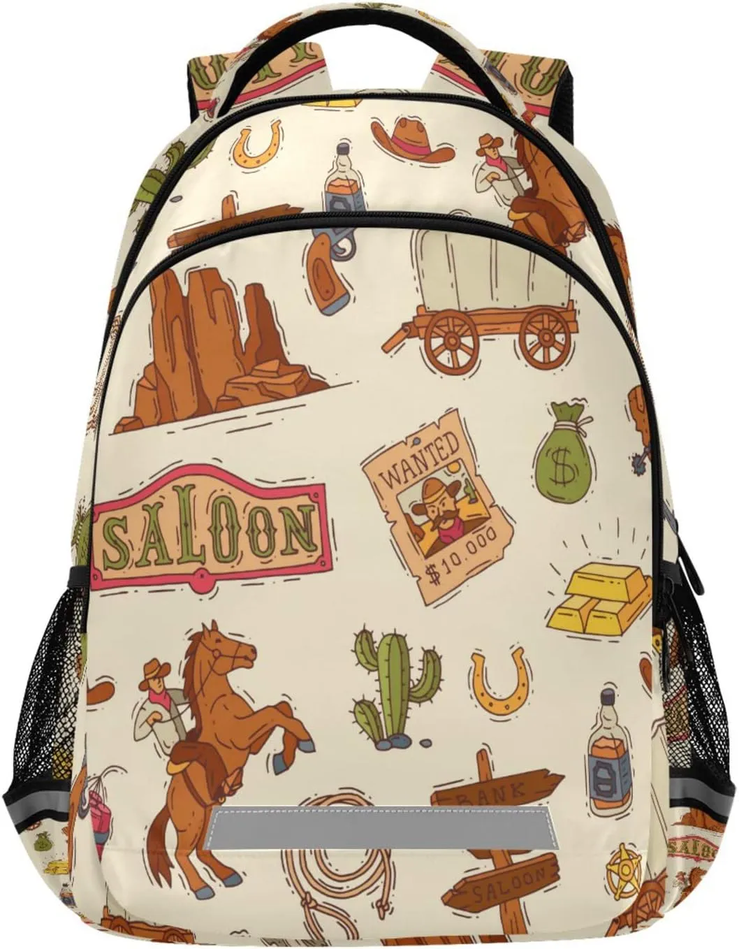 Coloful America Western Cowboy Backpack Laptop Bag Wildlife Lasso Cactus Gold Shoulder Bookbag Casual Travel Camping Daypack Safe Reflective Stripes Large Capacity