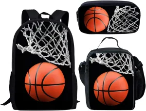 Coloranimal 3 Piece School Backpack Set for School Students Girls Boys Cool 3D Basketball Ball Print Black Casual Dailypack Bookbag