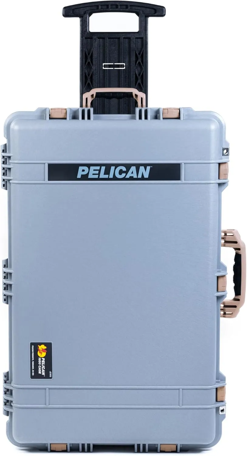 ColorCase Pelican 1650 Case Silver - Large Sized Rolling Waterproof Case with Pick & Pluck Foam & Convoluted Lid Foam - Desert Tan Handles & Latches