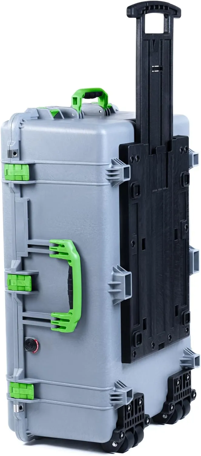 ColorCase Pelican 1650 Case Silver - Large Sized Rolling Waterproof Case with Pick & Pluck Foam & Convoluted Lid Foam - Lime Green Handles & Latches