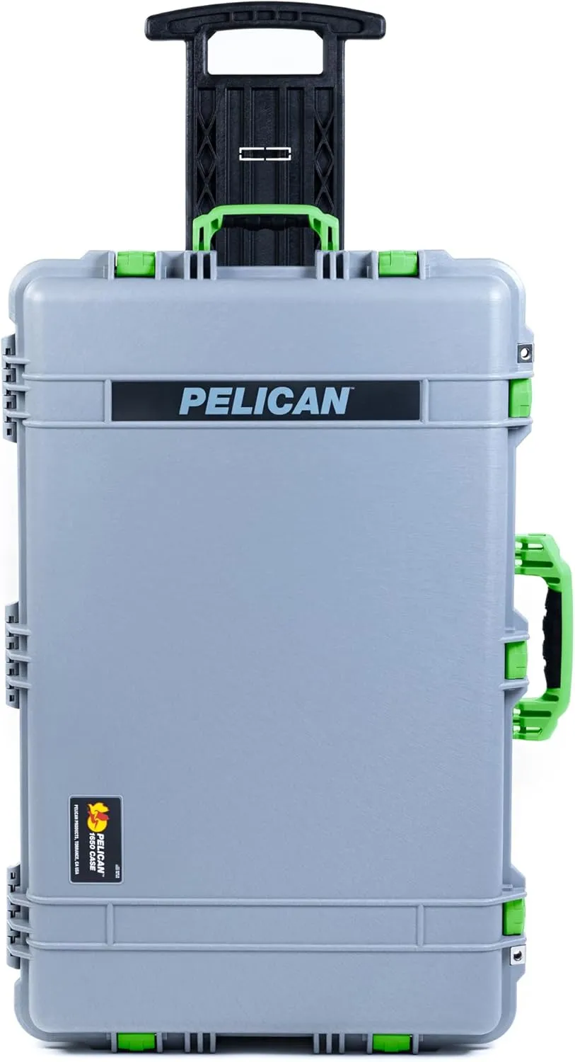 ColorCase Pelican 1650 Case Silver - Large Sized Rolling Waterproof Case with Pick & Pluck Foam & Convoluted Lid Foam - Lime Green Handles & Latches