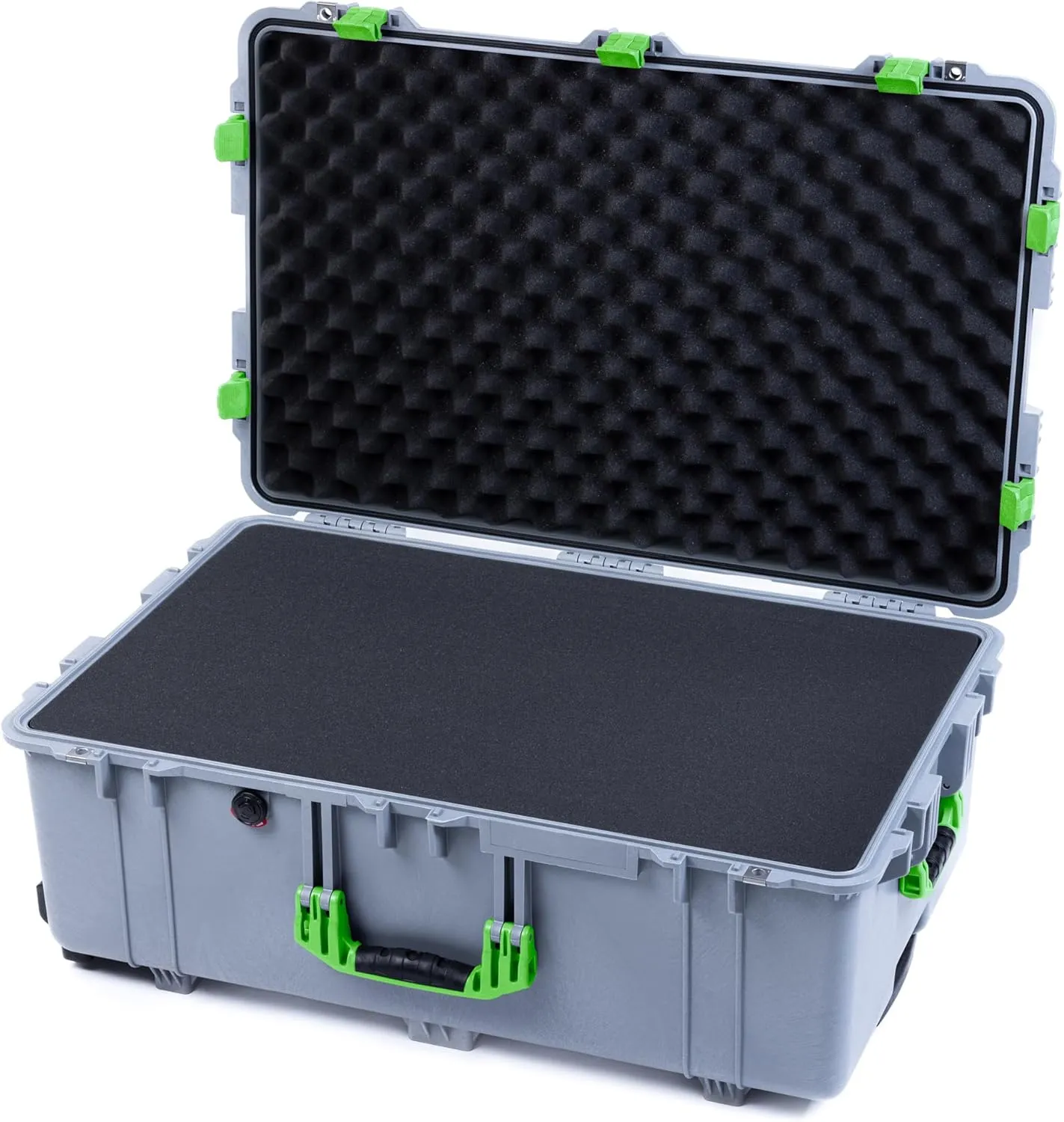 ColorCase Pelican 1650 Case Silver - Large Sized Rolling Waterproof Case with Pick & Pluck Foam & Convoluted Lid Foam - Lime Green Handles & Latches