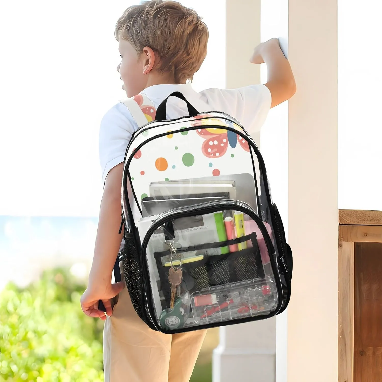 Colorful Butterflies Dots Illustration Clear School Backpacks Clear Backpacks For Teen Girls Seethrough Heavy Duty Back Pack