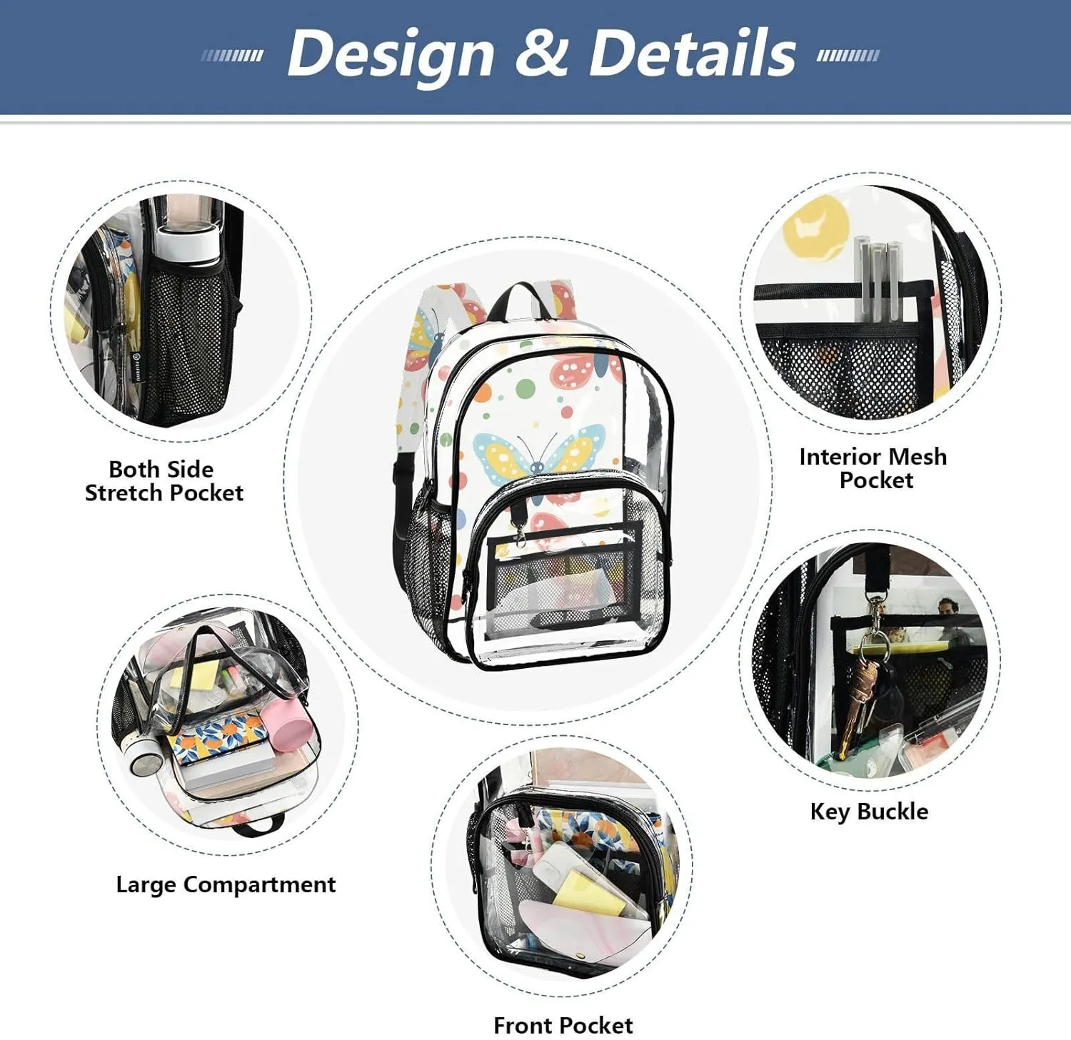 Colorful Butterflies Dots Illustration Clear School Backpacks Clear Backpacks For Teen Girls Seethrough Heavy Duty Back Pack