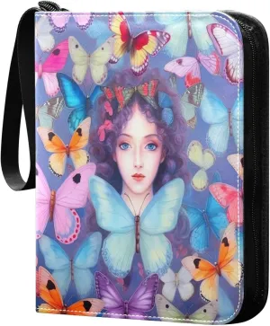 Colorful Butterflies Print Card Binder 4-Pocket, 400 Pockets PU Waterproof Zippered Collector Card Album with 50 Removable Sleeves for Trading, Game Cards